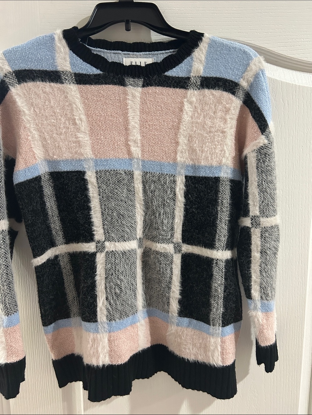 Elle Fluffy Plaid Crewneck Sweater in Pink, Light Blue & Black